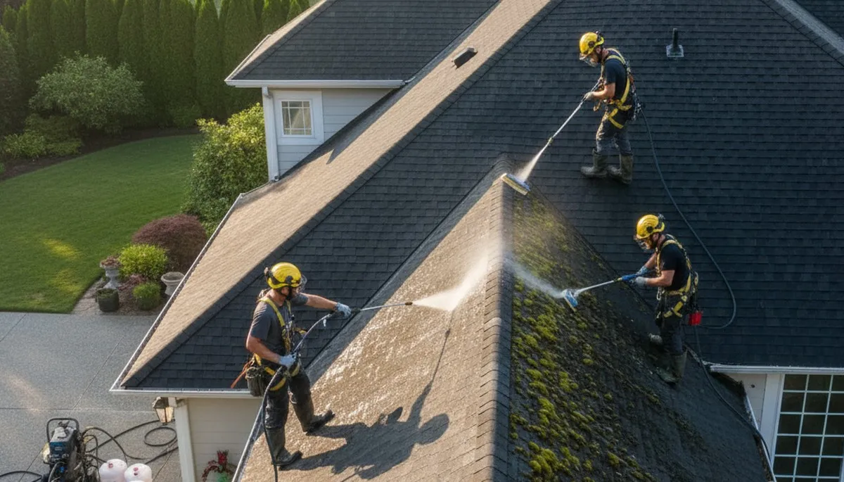 Virginia Beach, VA roof cleaning removing algae and moss for a protected home exterior